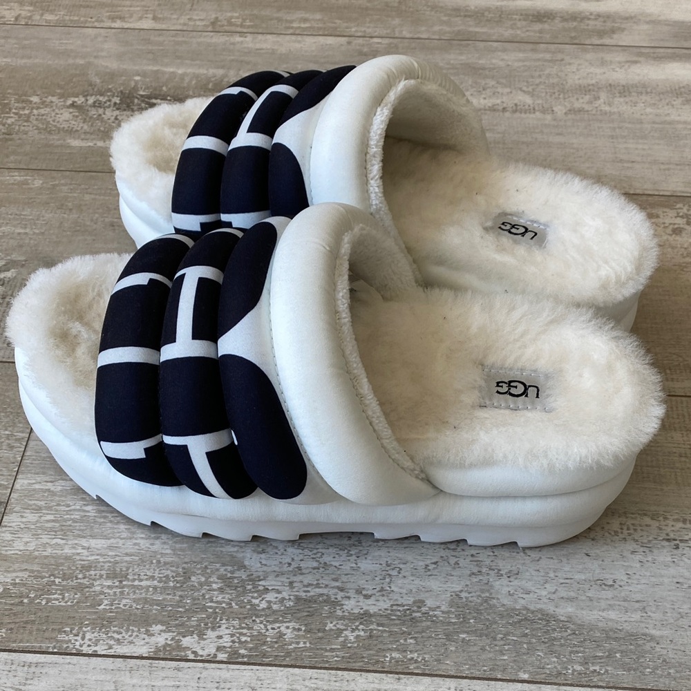 UGG Black and White Fuzzy Slides - Picture 4 of 9